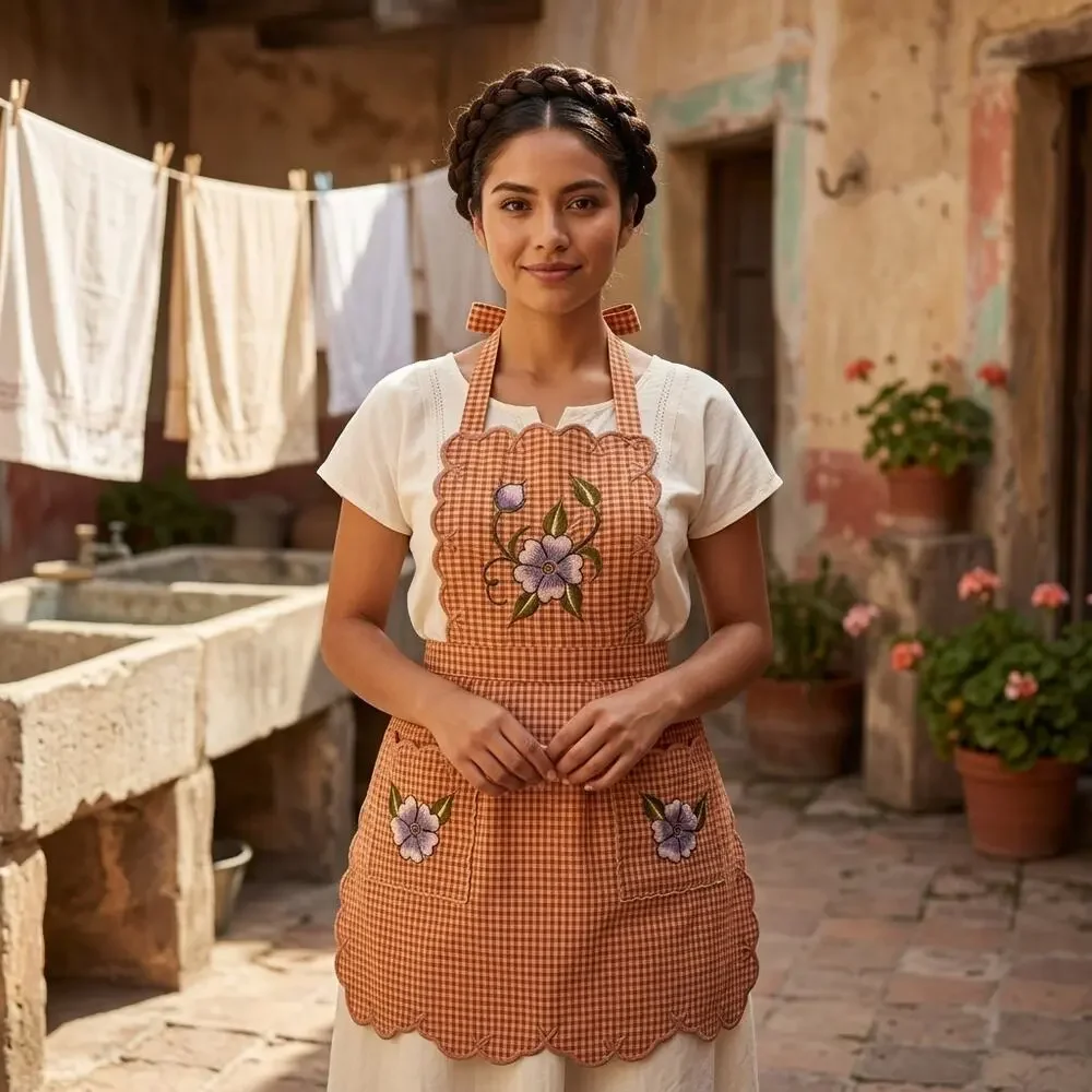 Mexican Embroidered Bib Apron for Women – Multicolor with Floral Design